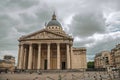 Facade of the Pantheon in Neoclassical style, with dome and columns at the entrance in Paris.